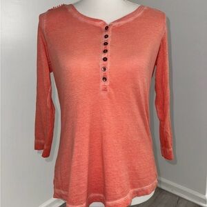 LRL Ralph‎ Lauren Henley Crochet Shoulder Burnout Top Coral S 3/4 Sleeve